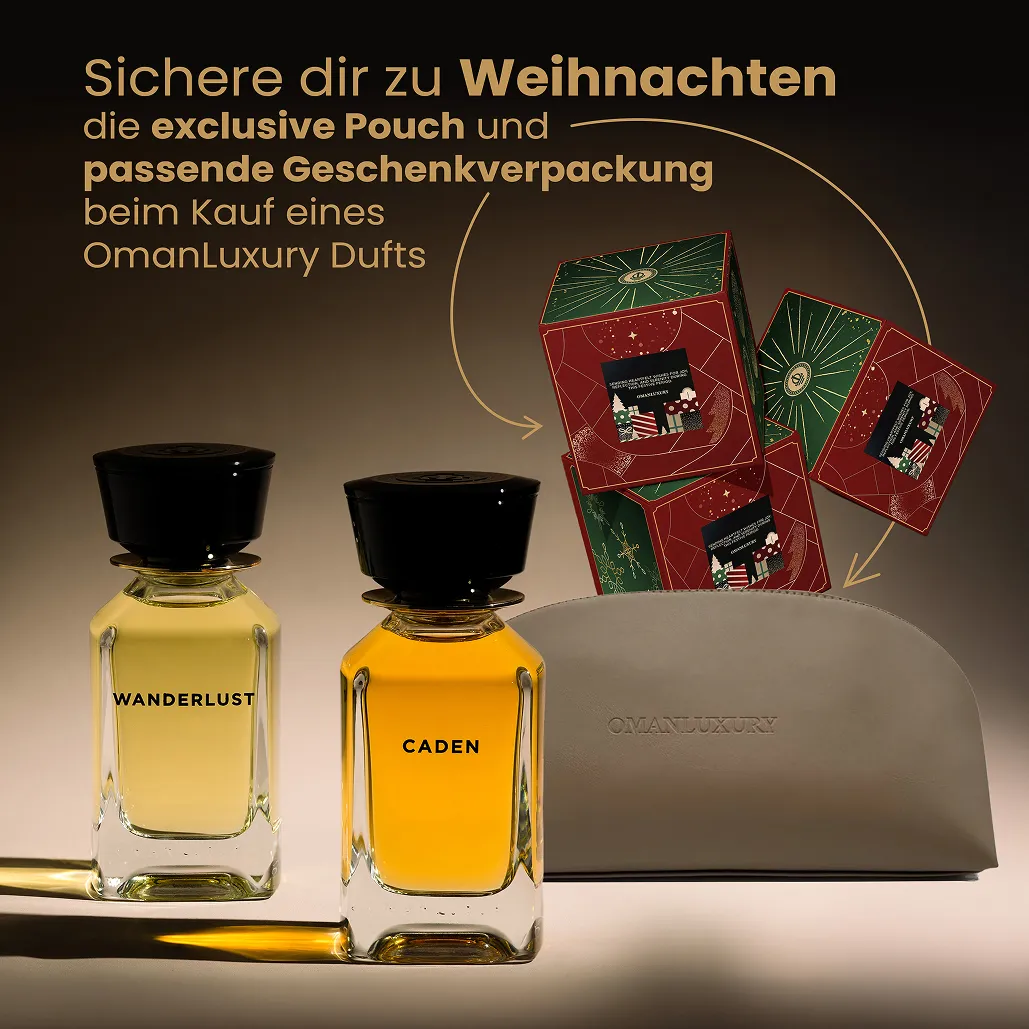OmanLuxury Weihnachtsaktion: Parfüm, Pouch und Geschenkverpackung.